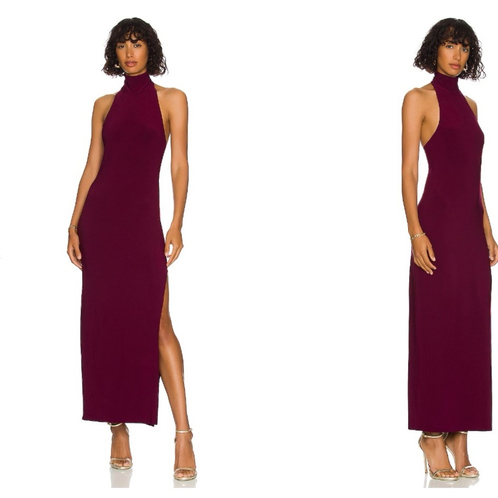 Norma Kamali Turtle Halter Dress with a side slit - size medium - color plum